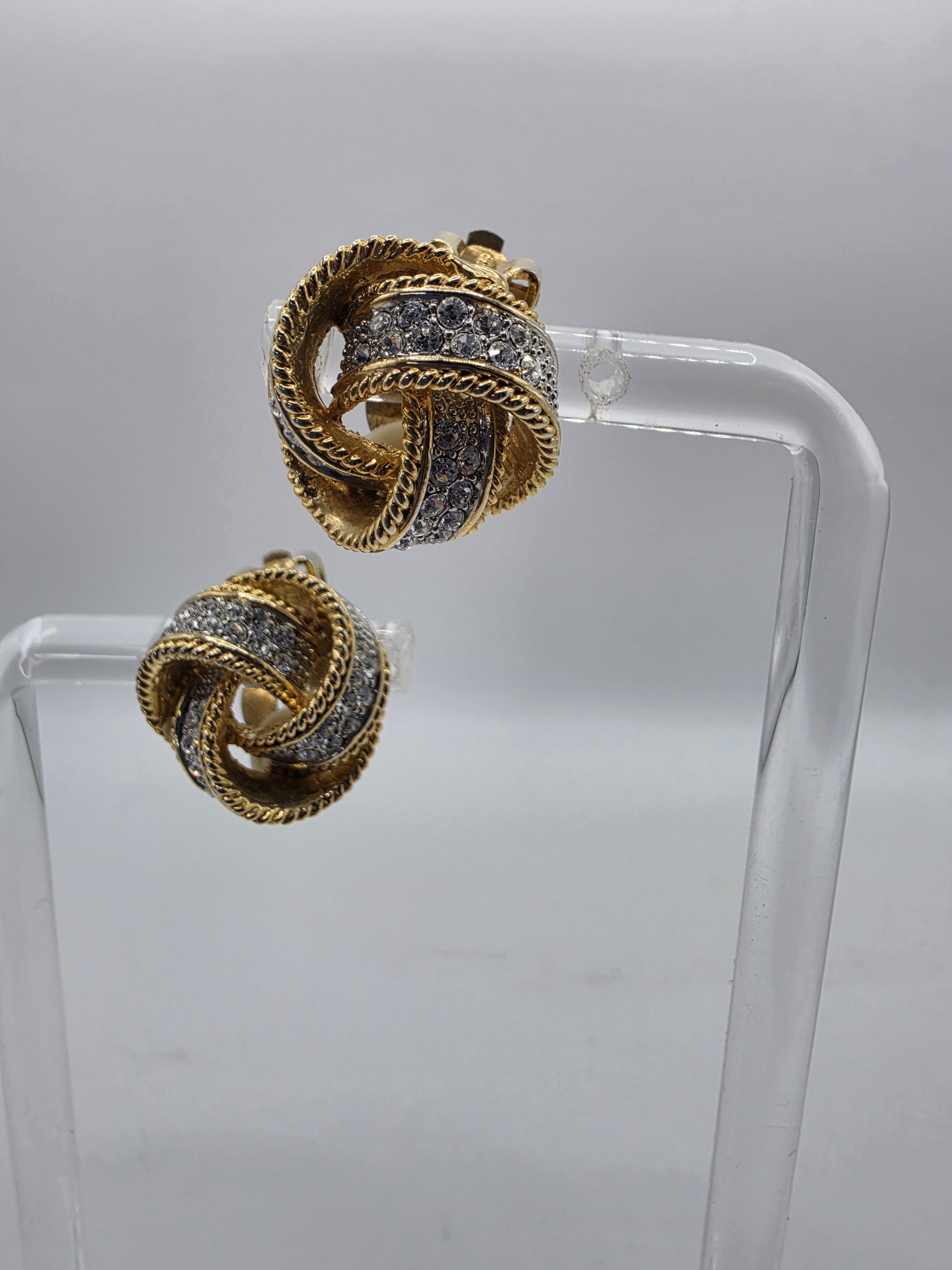 Carolee Gold Silver Knot Rope Twist Pave Crystal Clip-On Earrings